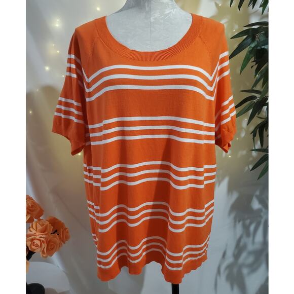 Talbots Striped Light Knit Short Sleeve Sweater Womens Plus Size 2X Orange White - Picture 1 of 7